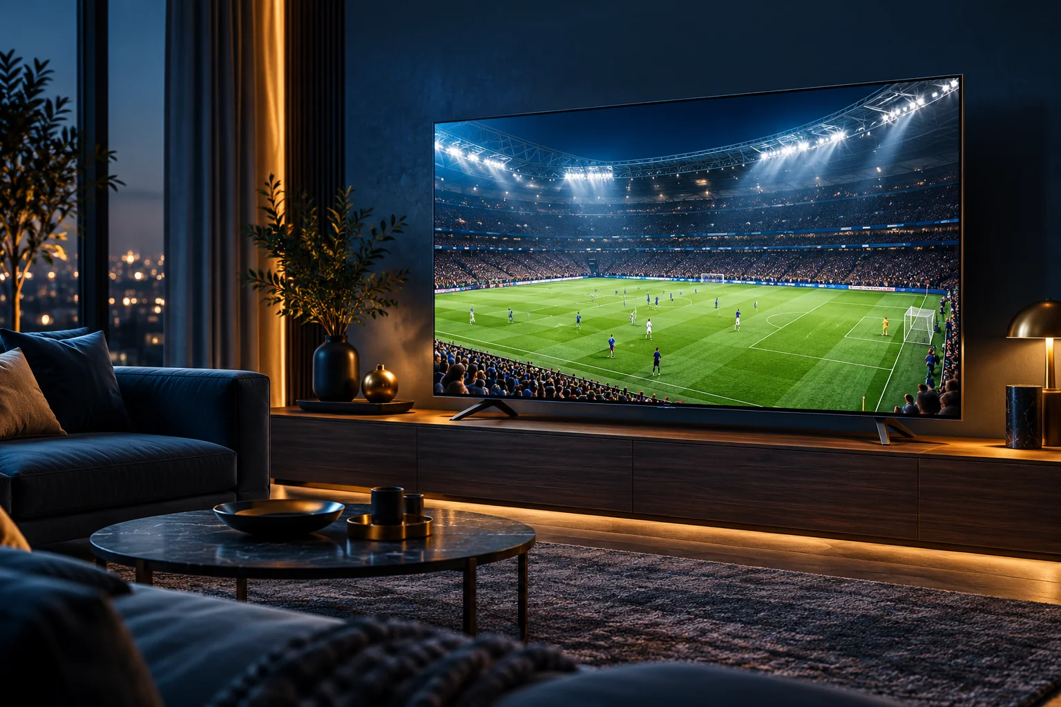 Illustration d’un téléviseur diffusant un match de football dans un salon moderne